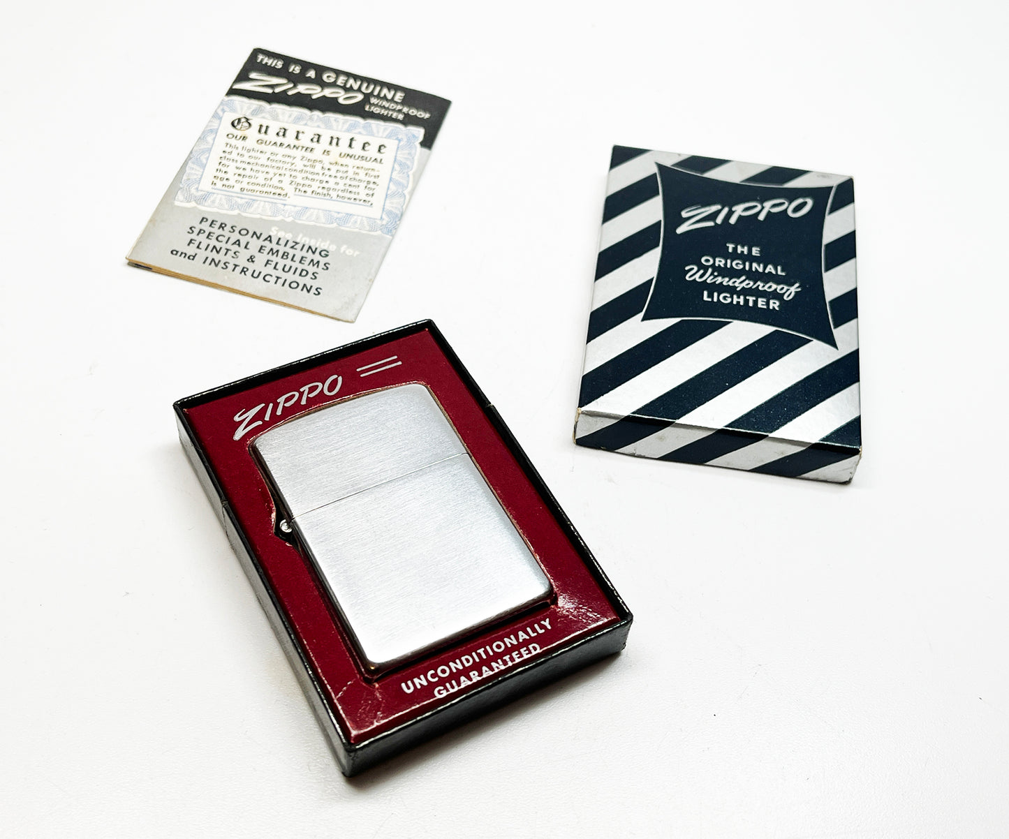 1951 - 1952 Zippo Lighter with Black Candy Stripe Box and Instructions