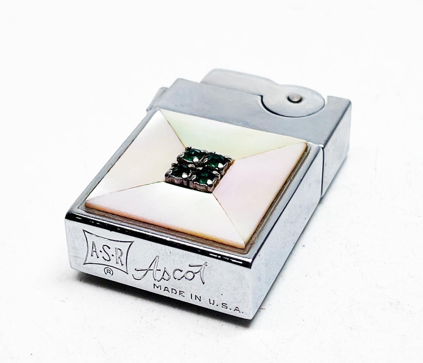 1940s Ascot ASR Semi-Automatic Mother of Pearl Emerald Lighter