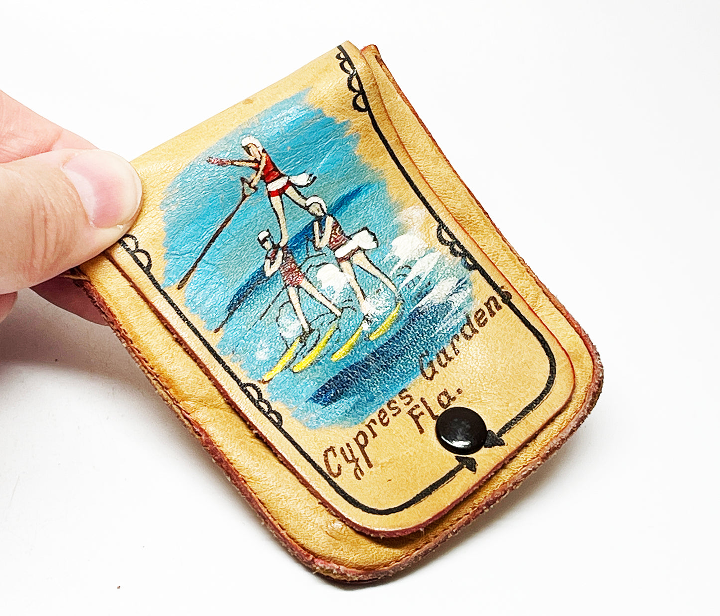 1950s Cypress Gardens Florida Squeeze Lighter and Leather Cigarette Case Set