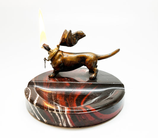 1912 MEB Figural Bronze Dachshund Lighter and Bakelite Ashtray Combo