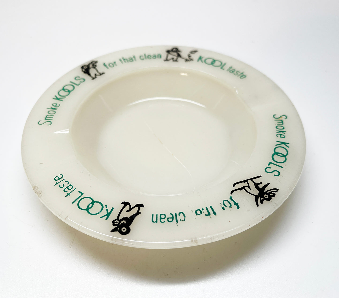 1930s Kool Cigarettes Willie the Penguin Milk Glass Ashtray