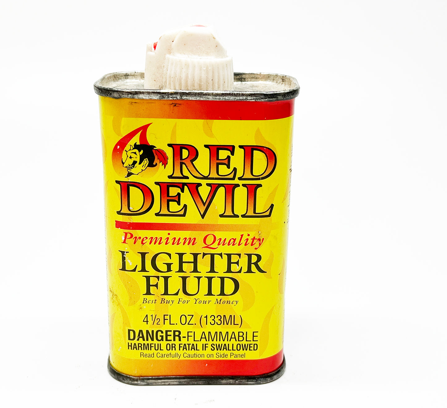 Vintage Empty Metal Red Devil and Cardinal Lighter Fluid Cans