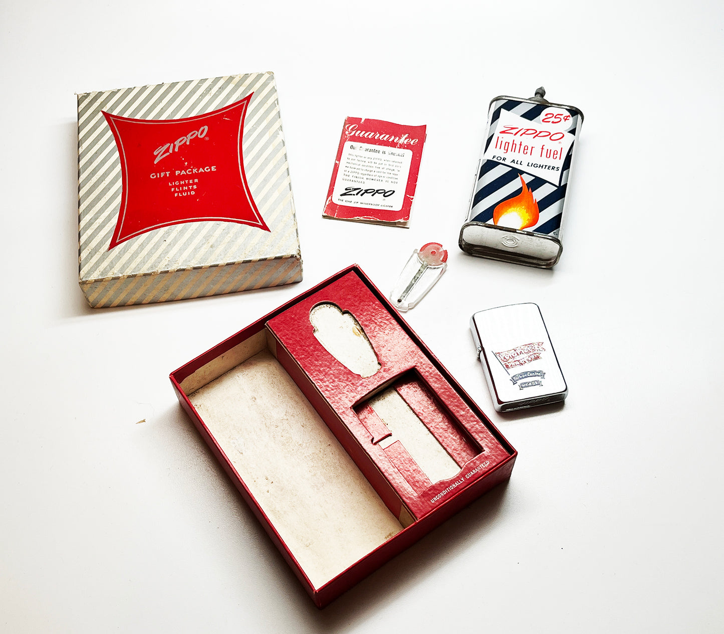 1959 Unfired Complete Zippo Gift Box with Meat Advertising Lighter, Fluid, Flints, and Instructions