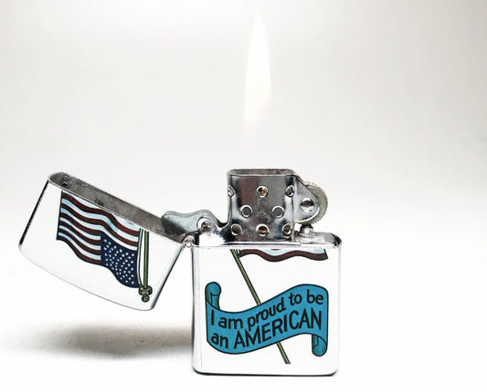 1960s USA Flag Lighter - Working Vintage Old Flip Top I am Proud To be an American Japanese Made Lighter