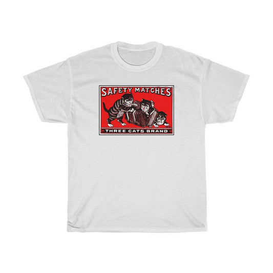 Three Cats Brand Safety Matchbox T-Shirt - Vintage Japanese Feline Match Box Print Tshirt