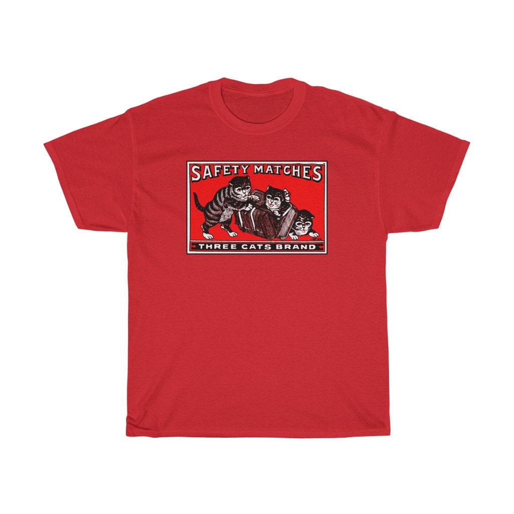 Three Cats Brand Safety Matchbox T-Shirt - Vintage Japanese Feline Match Box Print Tshirt