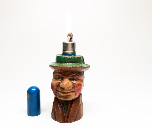 WORKING FIGURAL LIGHTER - 1920s Old Man Wooden Figural Lighter Made in the Usa