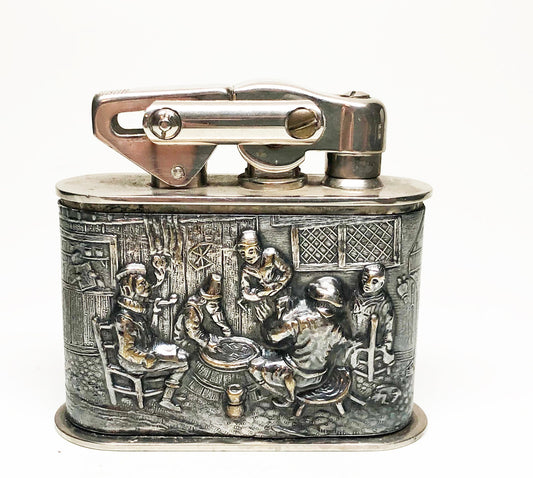 KW Karl Weiden 1930s Large Silver Embossed Bar Scene Lighter