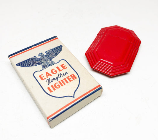 Working Eagle Red Octagonal Lighter - Vintage 1930's Trench Style Blue Steel Sleeve Lighter in Original Box - Made in USA