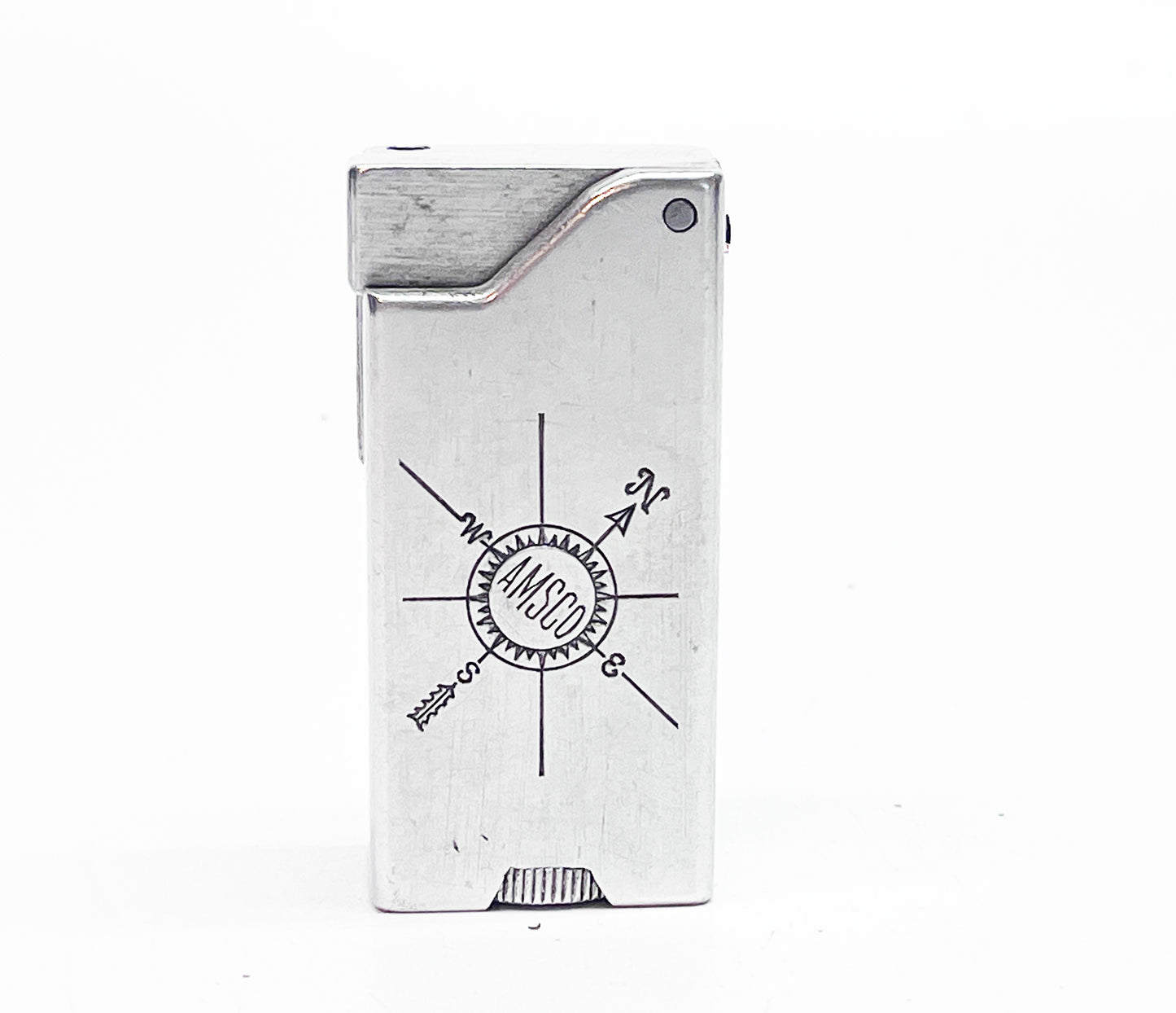 1940s Aero Lite Amsco Advertising Aluminum Block Lighter with Compass Engraving