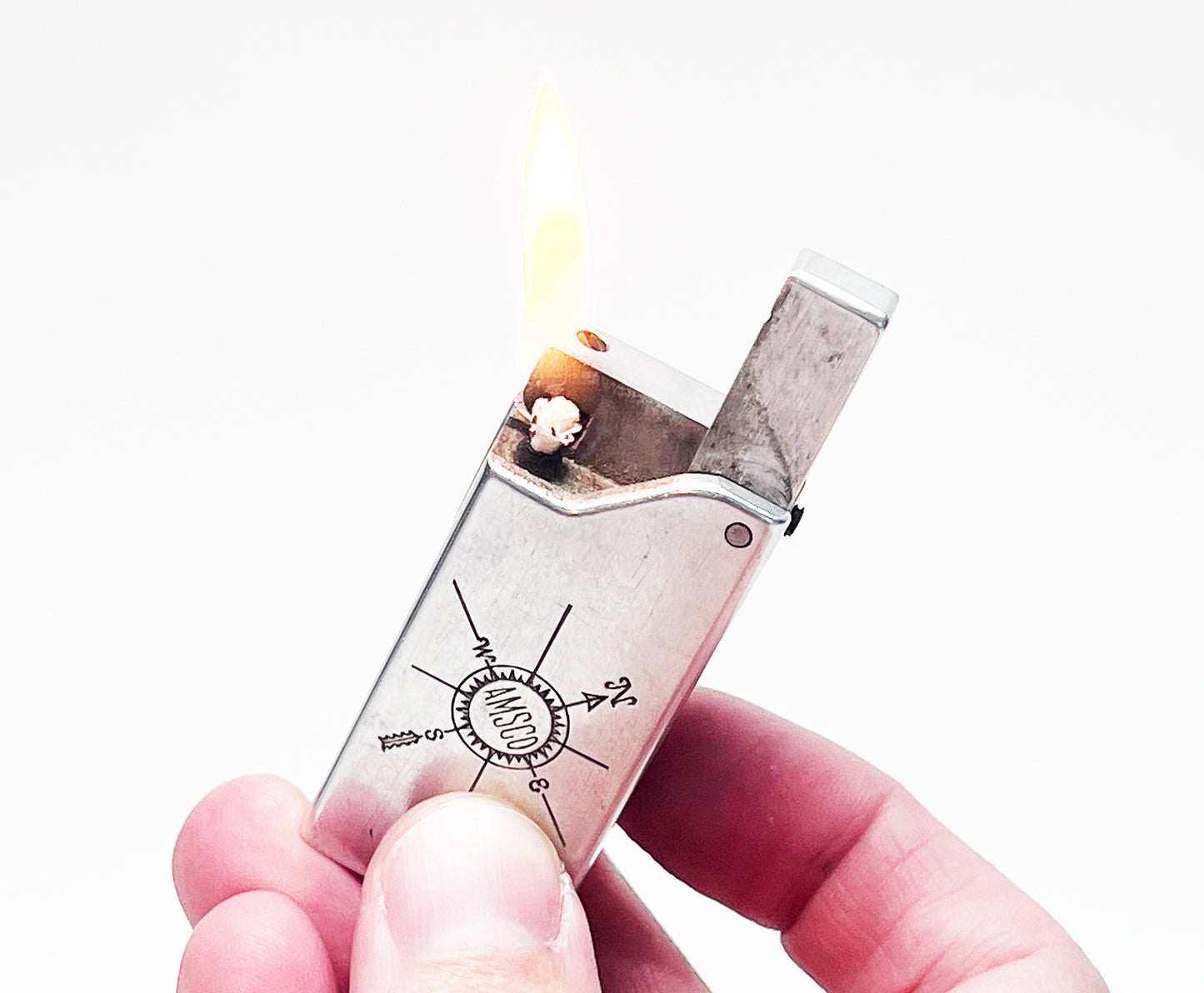 1940s Aero Lite Amsco Advertising Aluminum Block Lighter with Compass Engraving