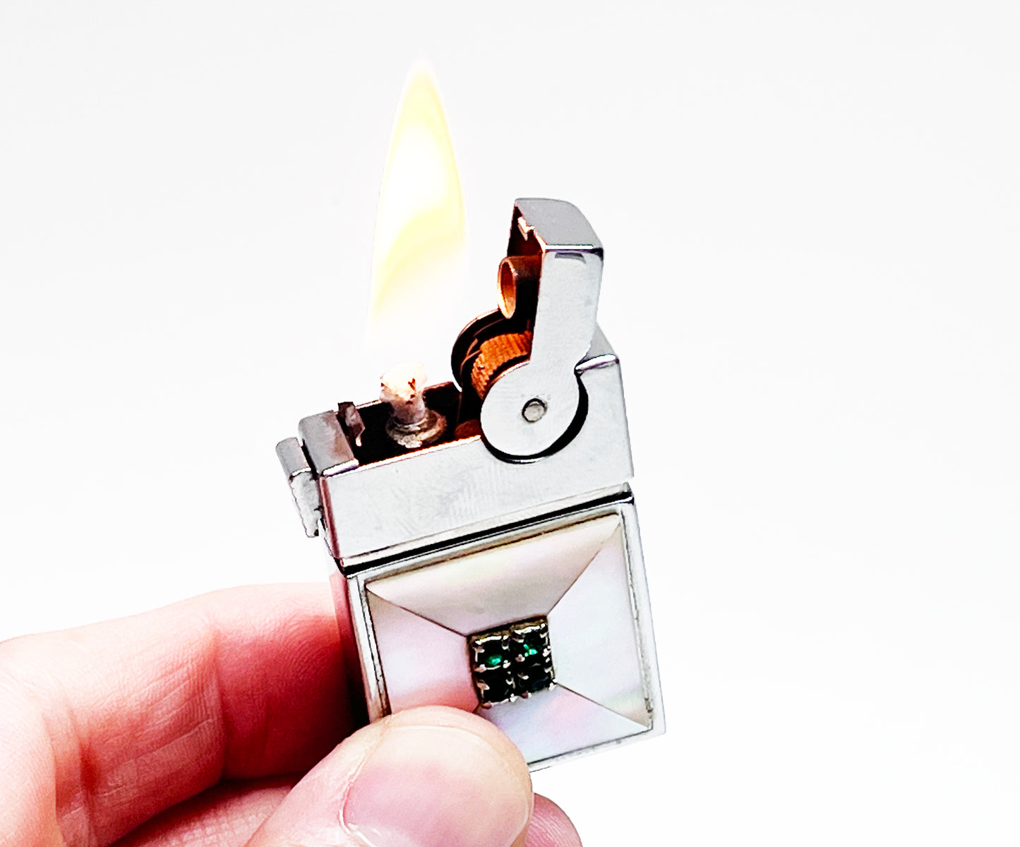 1940s Ascot ASR Semi-Automatic Mother of Pearl Emerald Lighter
