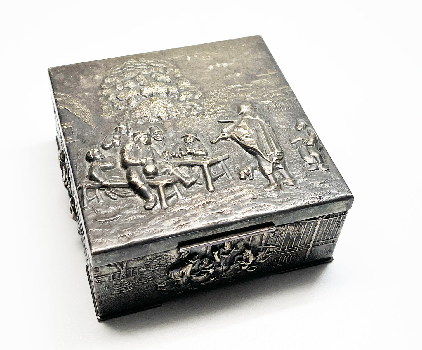 1940s Drinking Scene Embossed Metal and Wood Tobacco Humidor