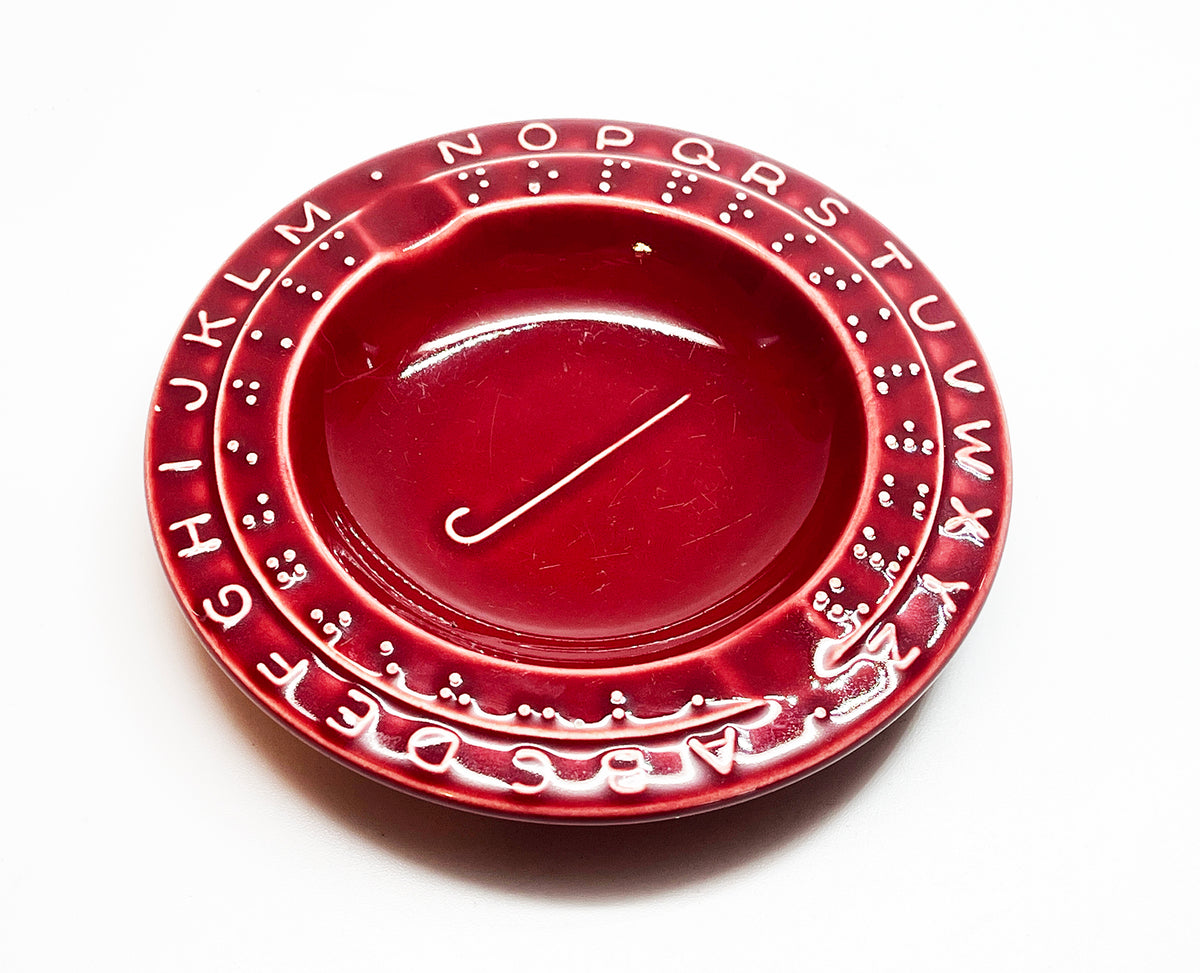 1940s Vintage Burgundy Ceramic Braille Alphabet Ashtray w/ Walking Cane Symbol