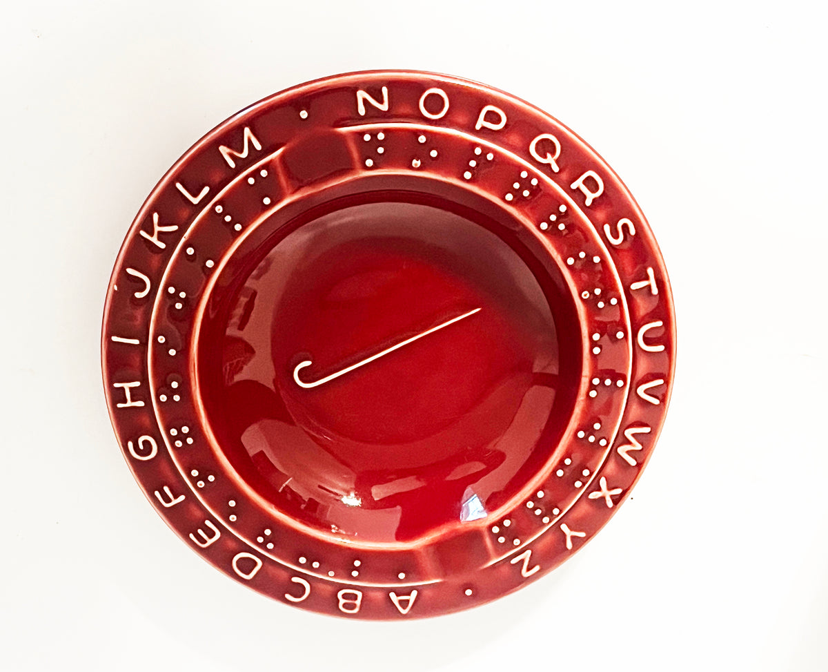 1940s Vintage Burgundy Ceramic Braille Alphabet Ashtray w/ Walking Cane Symbol