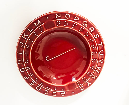 1940s Vintage Burgundy Ceramic Braille Alphabet Ashtray w/ Walking Cane Symbol