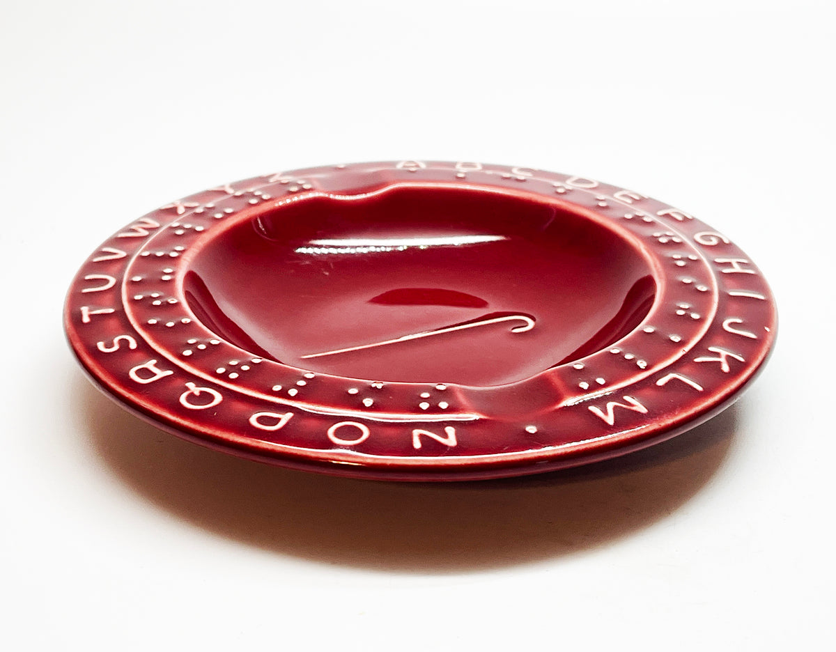 1940s Vintage Burgundy Ceramic Braille Alphabet Ashtray w/ Walking Cane Symbol