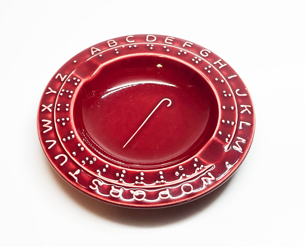 1940s Vintage Burgundy Ceramic Braille Alphabet Ashtray w/ Walking Cane Symbol