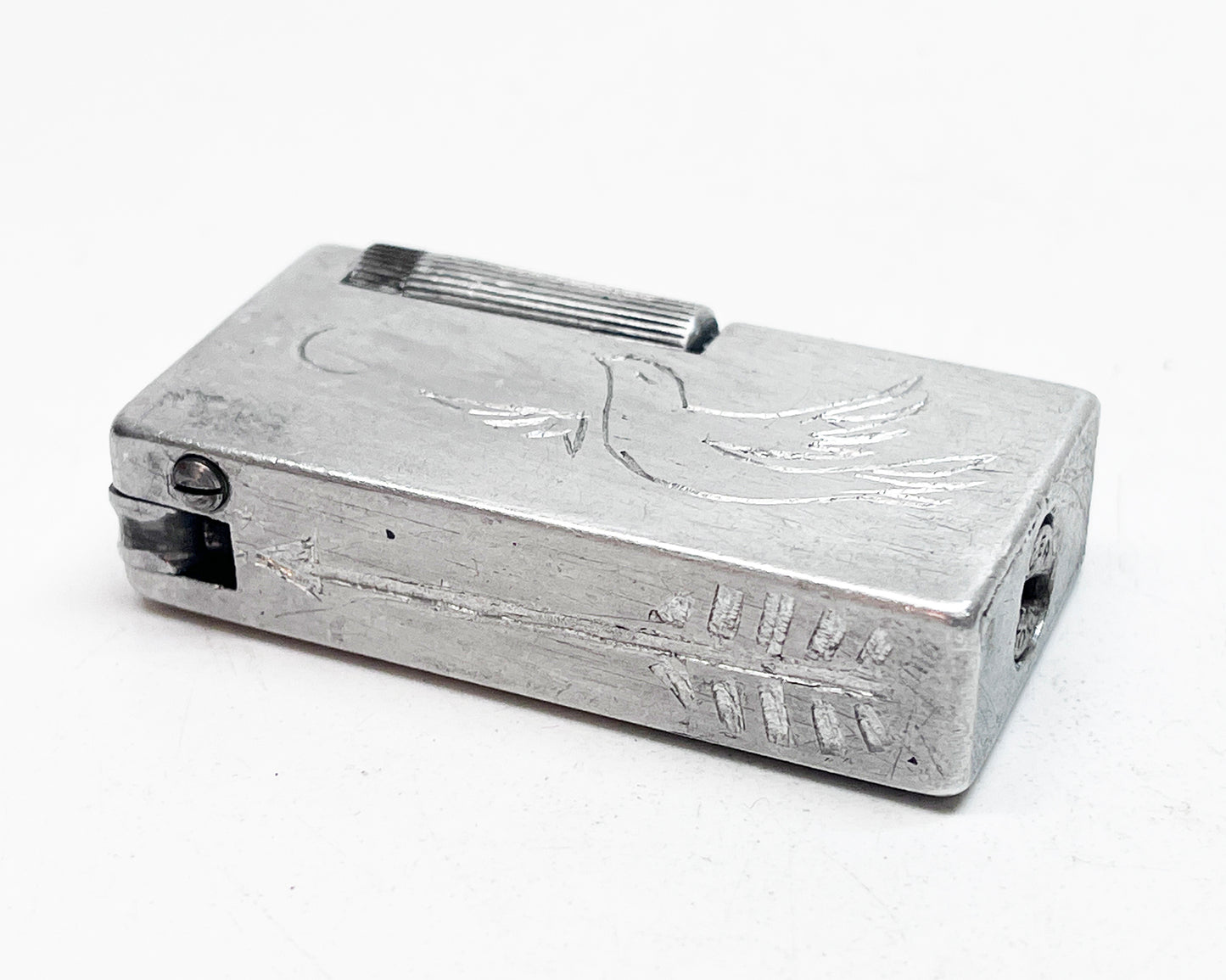 1940s Carved Aluminum Block Lighter with Dove and Clover