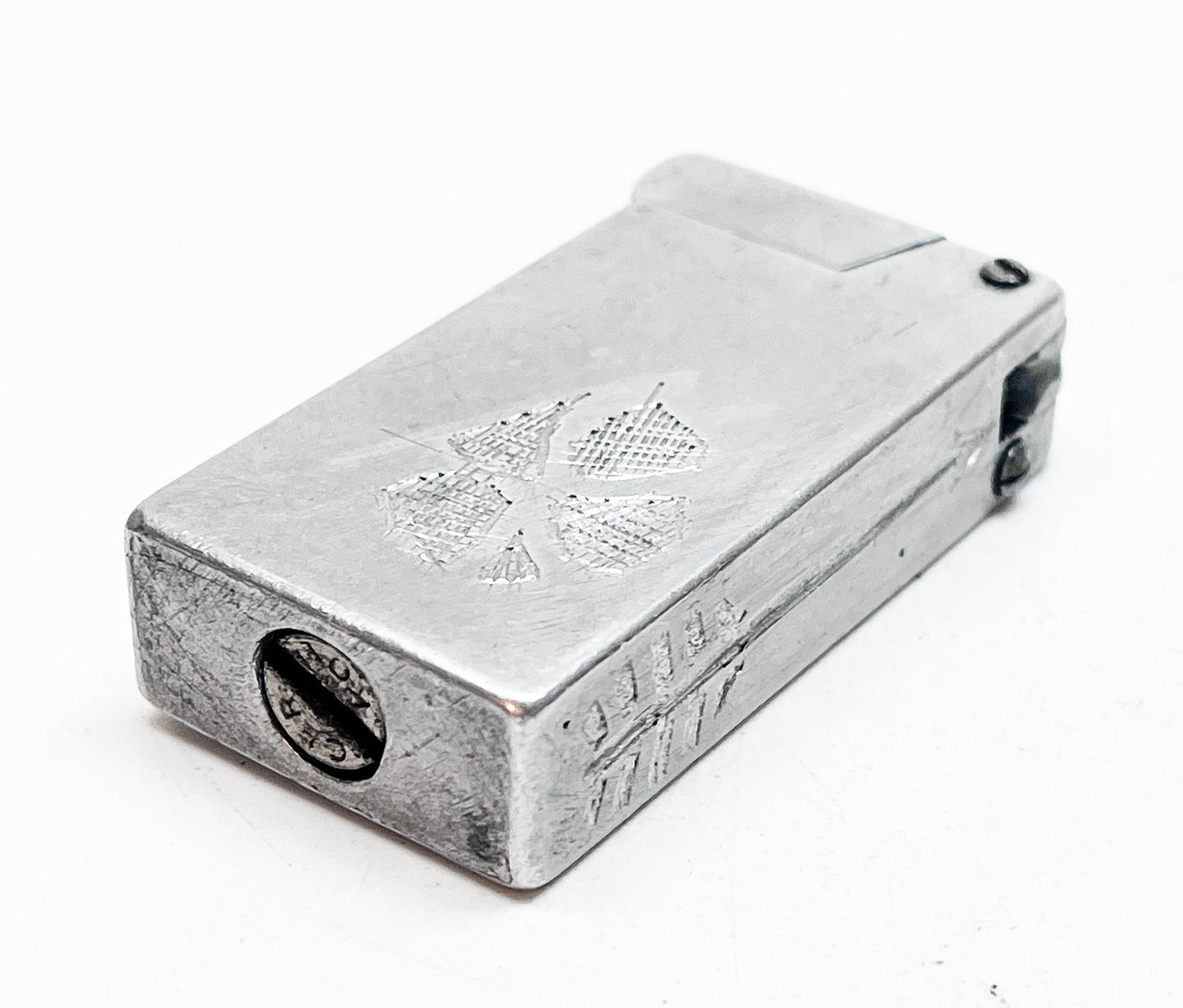 1940s Carved Aluminum Block Lighter with Dove and Clover