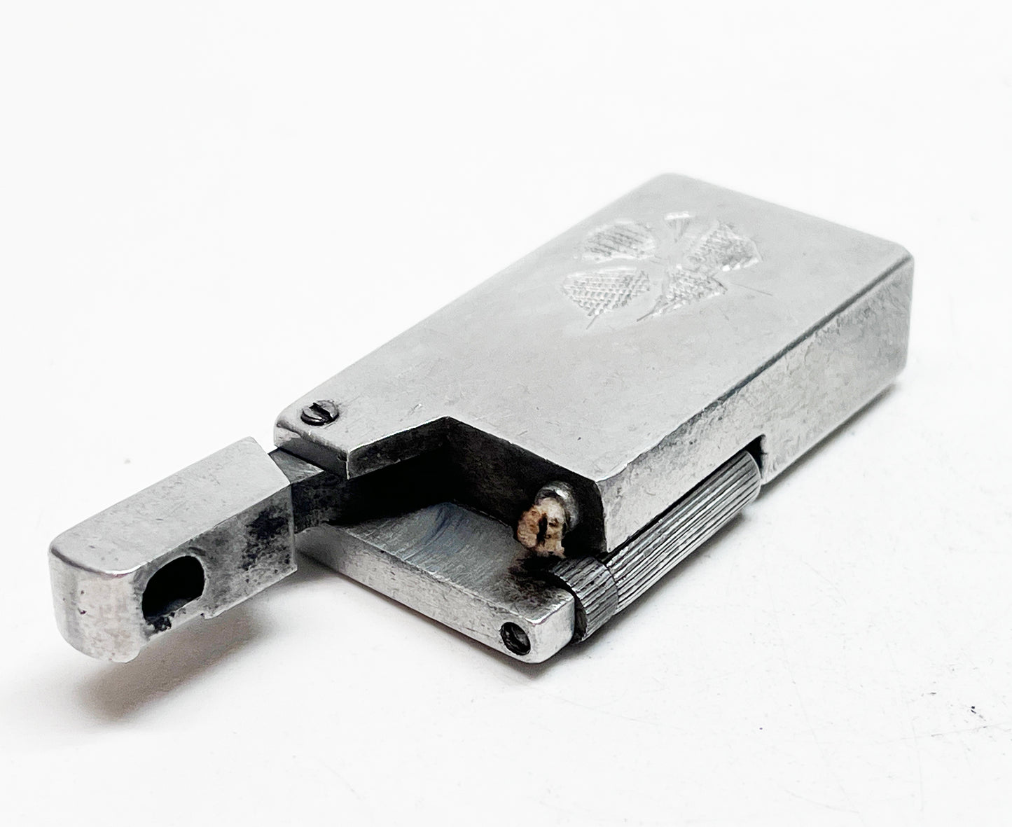 1940s Carved Aluminum Block Lighter with Dove and Clover