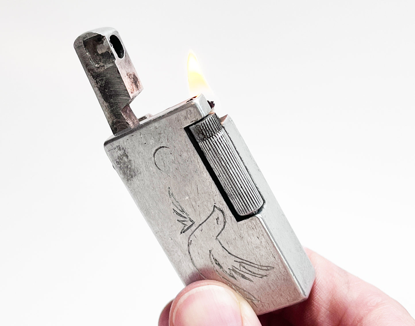 1940s Carved Aluminum Block Lighter with Dove and Clover