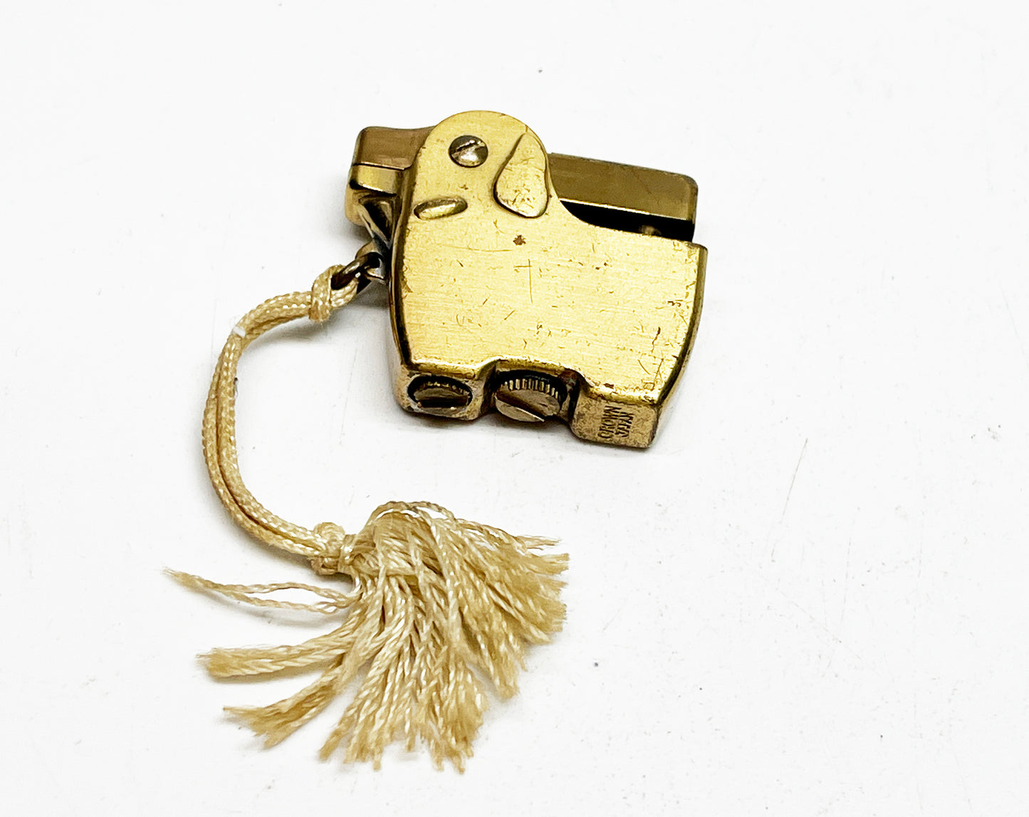 Working 1950s Crown Dog-Shaped Mini Gold-Toned Lighter with Original Leash