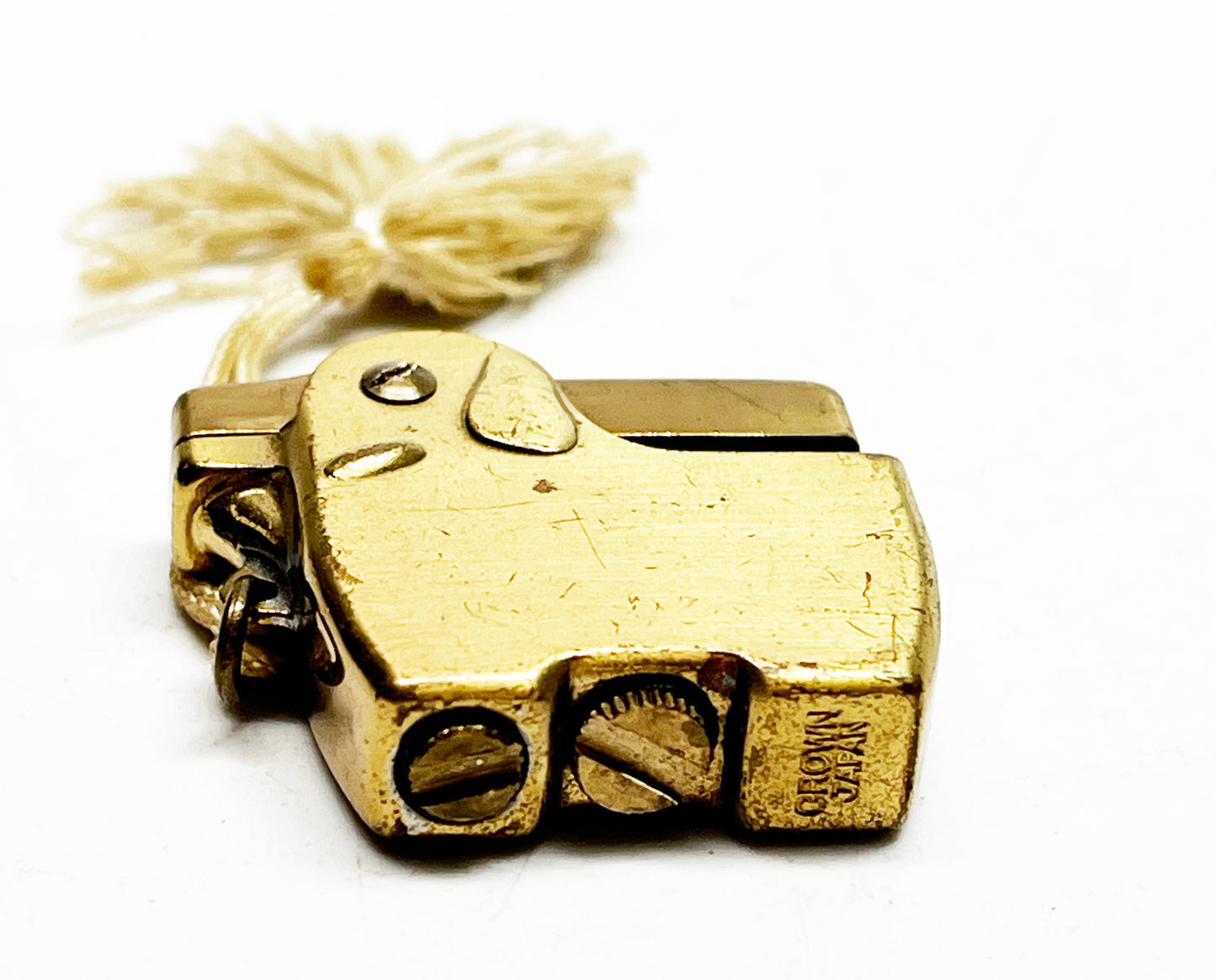 Working 1950s Crown Dog-Shaped Mini Gold-Toned Lighter with Original Leash