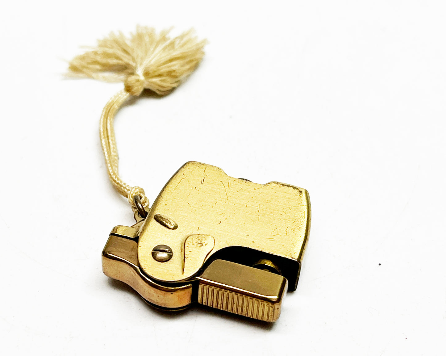 Working 1950s Crown Dog-Shaped Mini Gold-Toned Lighter with Original Leash