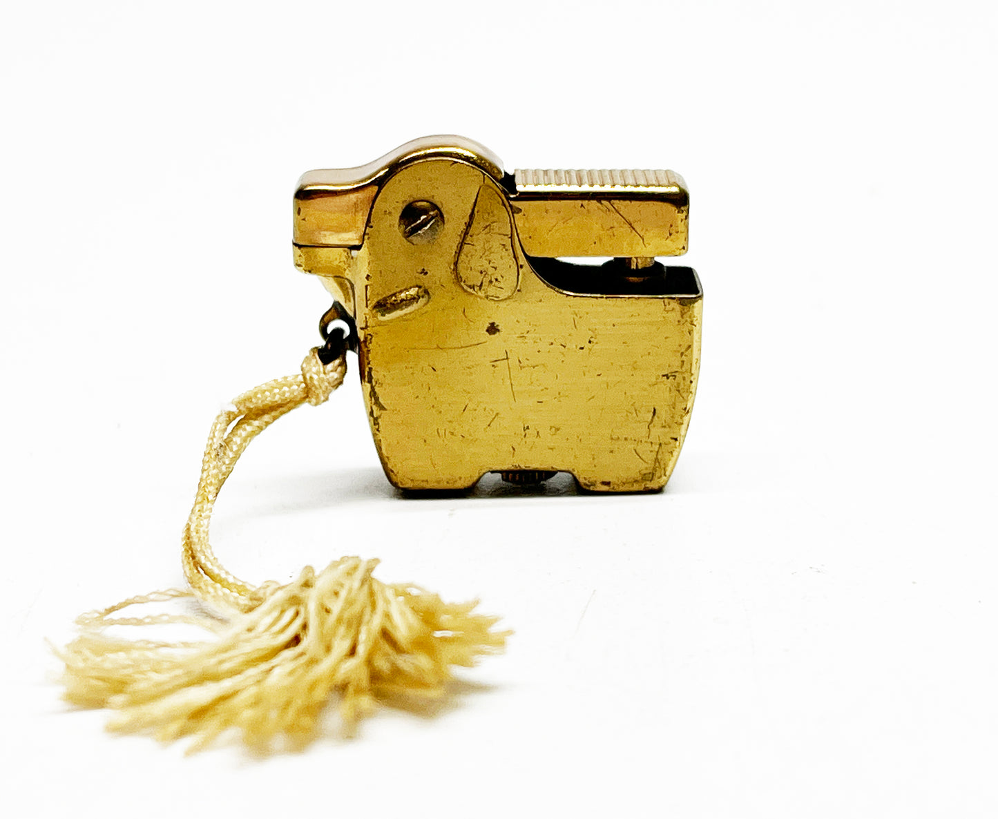 Working 1950s Crown Dog-Shaped Mini Gold-Toned Lighter with Original Leash