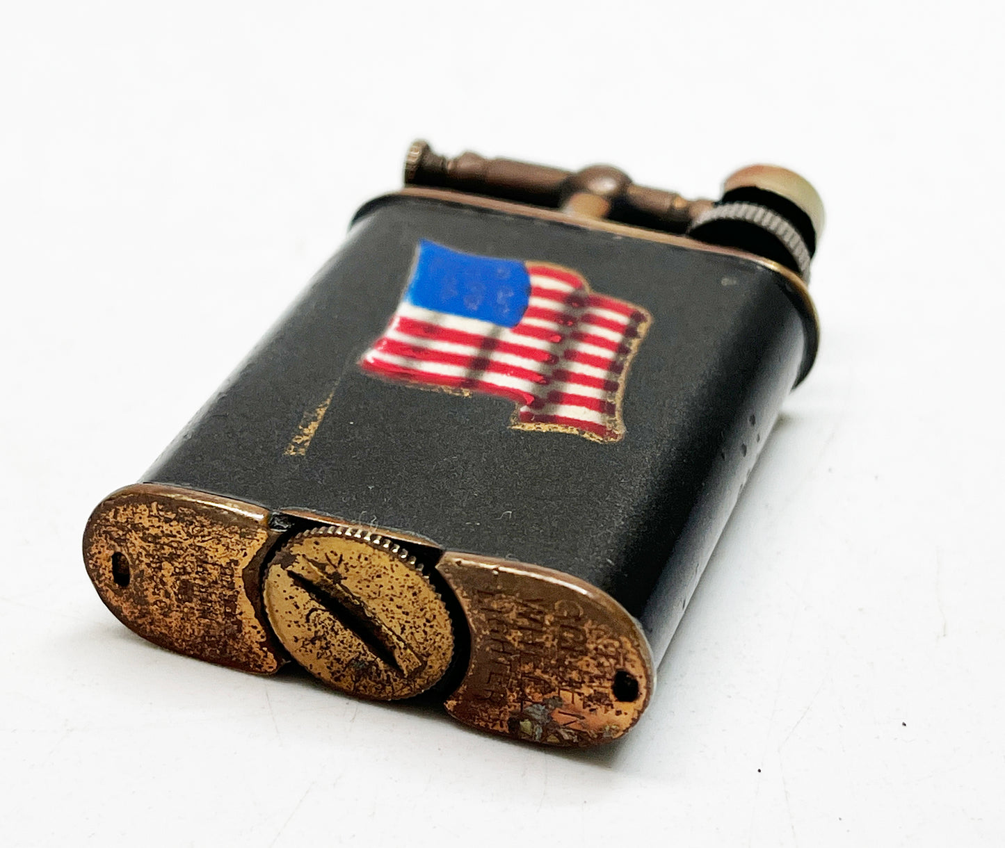 1930s Golden Wheel Lift Arm American Flag Lighter