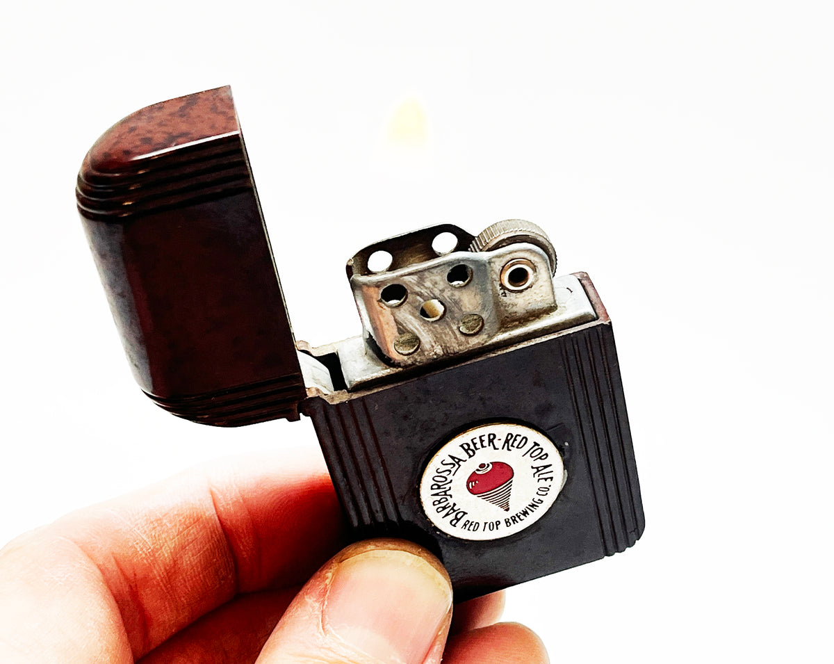 1940s Bakelite Hurricane Bakelite Windproof Red Top Brewing Advertising Lighter