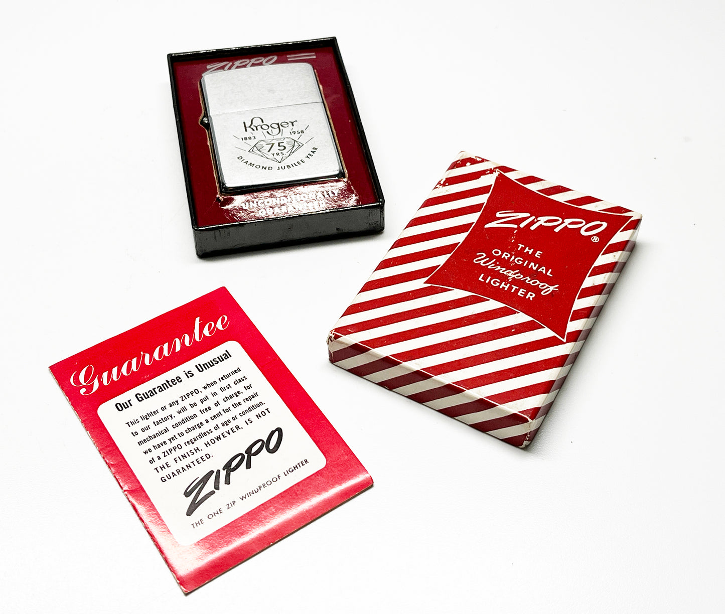 1958 Kroger Supermarkets Advertising Zippo Lighter in Candy Stripe Box