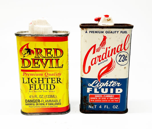 Vintage Empty Metal Red Devil and Cardinal Lighter Fluid Cans