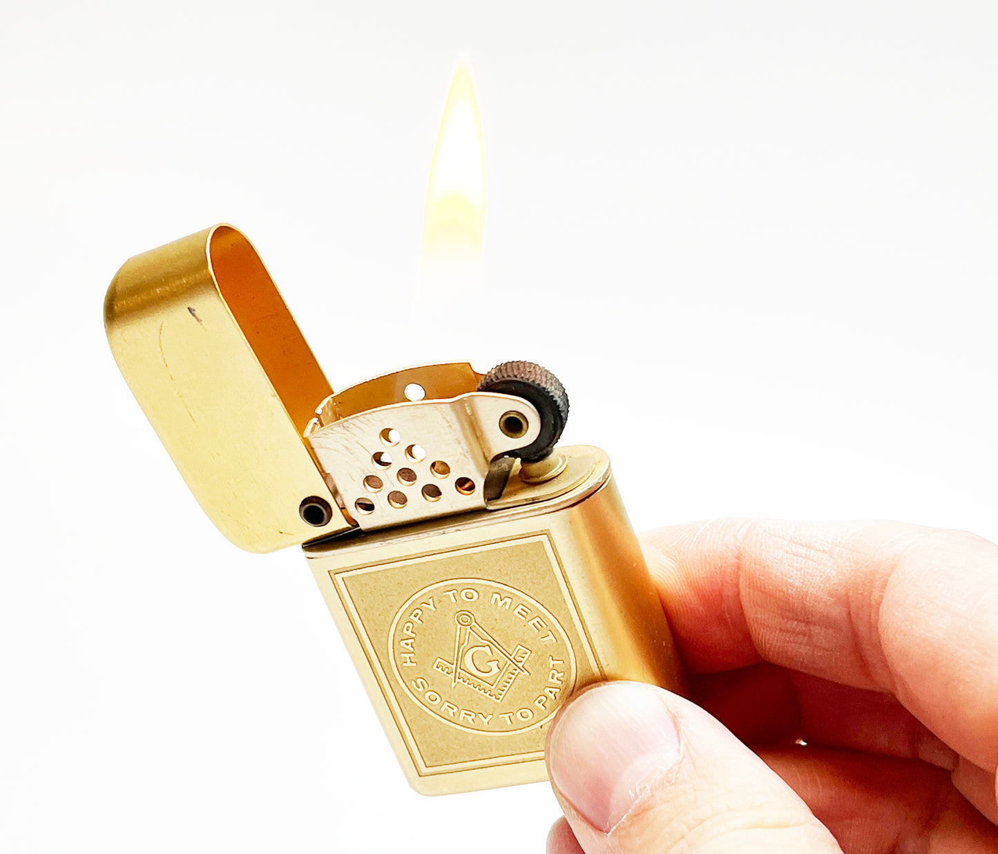 1960s Masonic "Happy to Meet, Sorry to Part" Stormmaster-Style Lighter