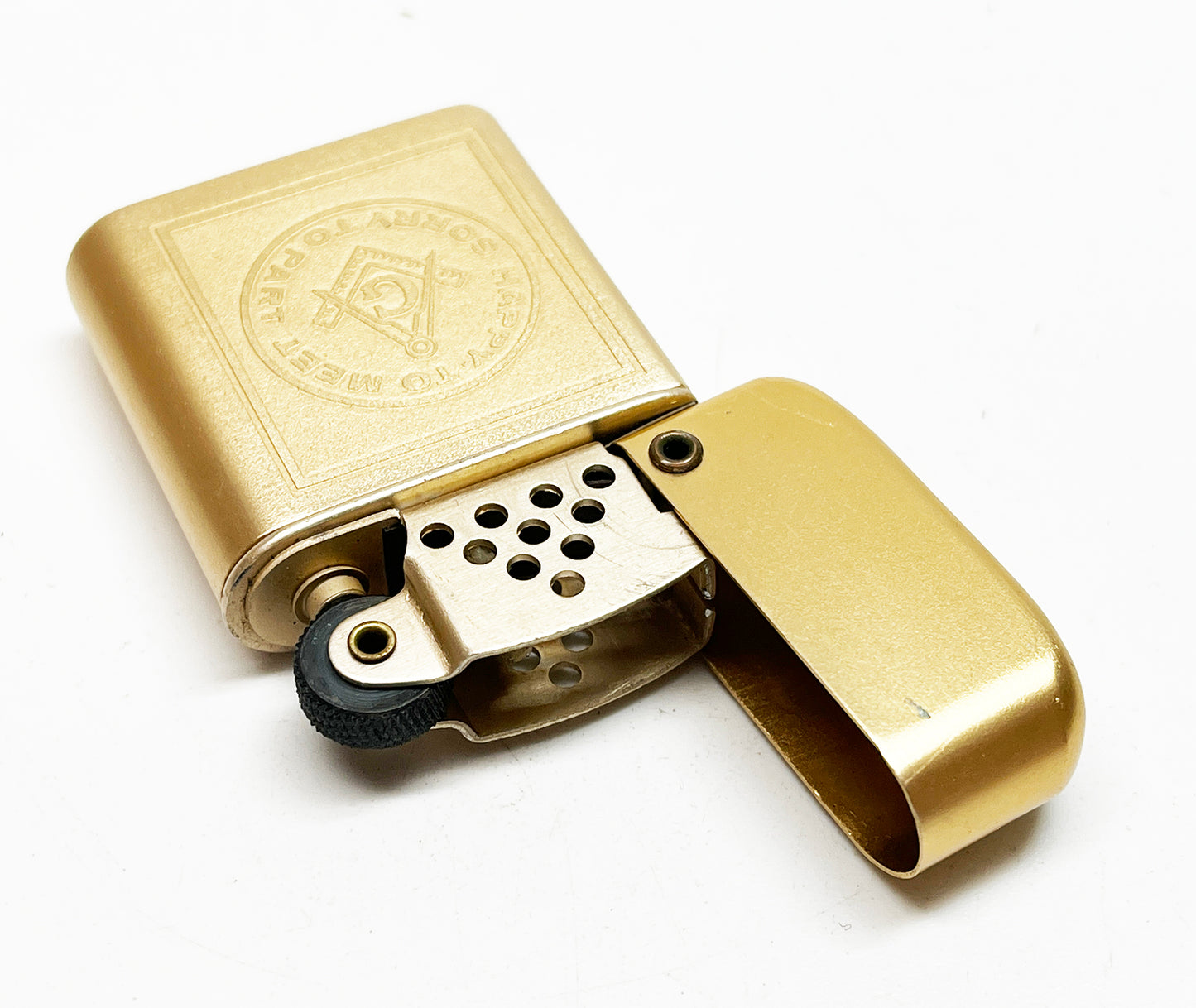 1960s Masonic "Happy to Meet, Sorry to Part" Stormmaster-Style Lighter