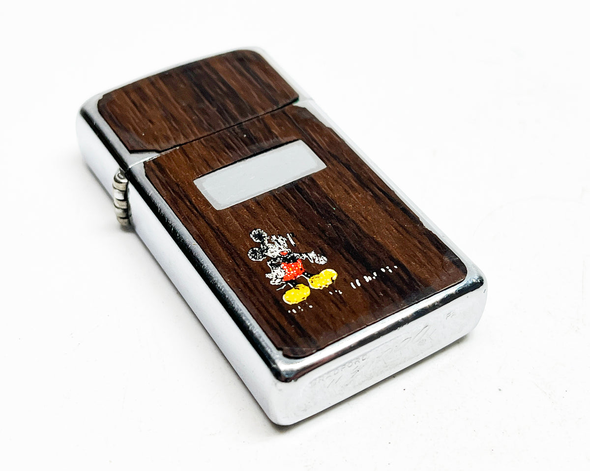 1979 Mickey Mouse Zippo Slim Wood Grain Working Vintage Lighter