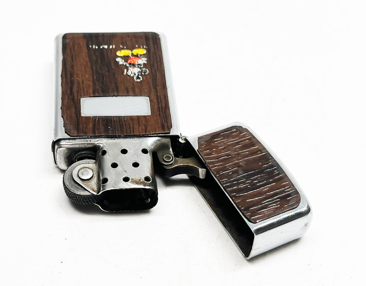 1979 Mickey Mouse Zippo Slim Wood Grain Working Vintage Lighter