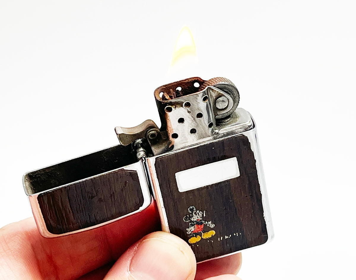1979 Mickey Mouse Zippo Slim Wood Grain Working Vintage Lighter
