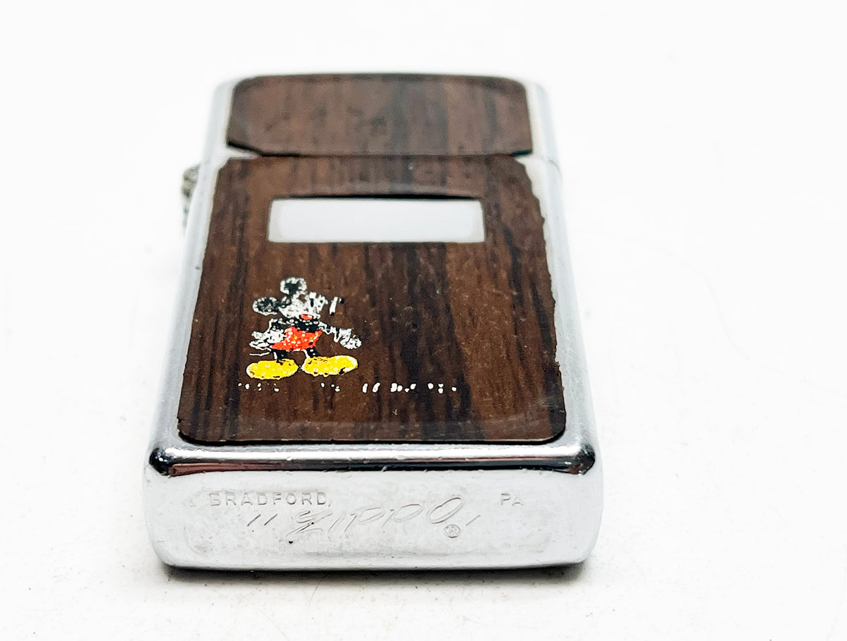 1979 Mickey Mouse Zippo Slim Wood Grain Working Vintage Lighter