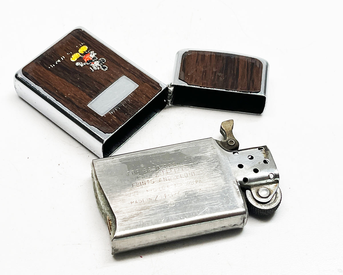 1979 Mickey Mouse Zippo Slim Wood Grain Working Vintage Lighter