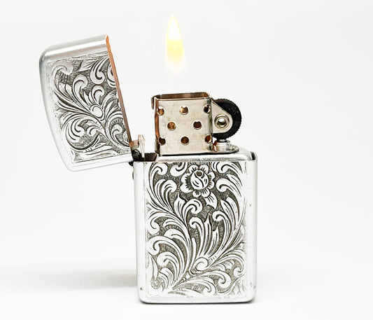 Working 1950s Floral Design Aluminum Park Slim Flip Top Lighter
