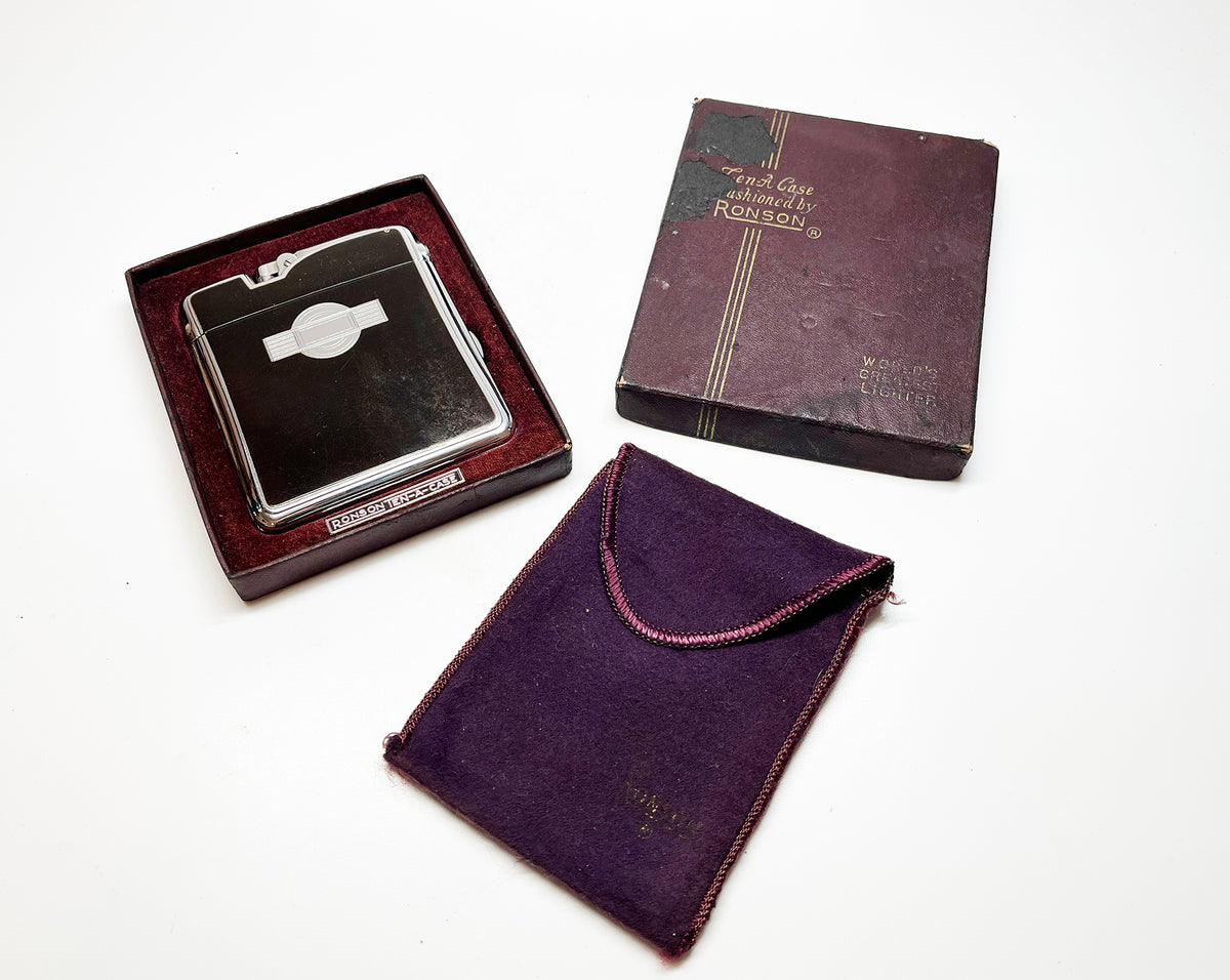 Vintage Ronson Ten-a-Case 1940s Lighter and Cigarette Case Combination in Box with Felt Pouch