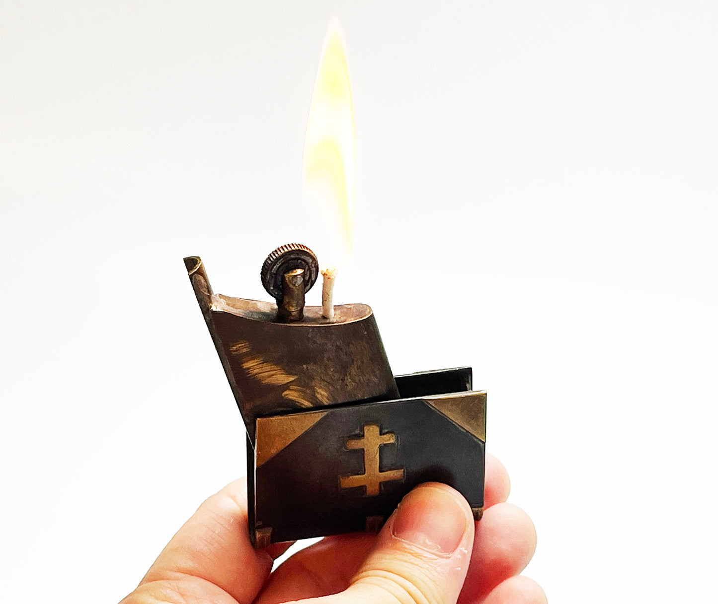 WWI Trench Art Book-Shaped Lighter with Russian Orthodox Cross