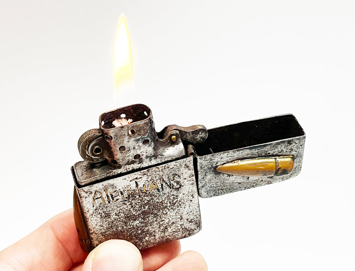 1942 Black Crackle WWII Military Trench Art  Aleutian Islands Zippo with Original 1942 Insert