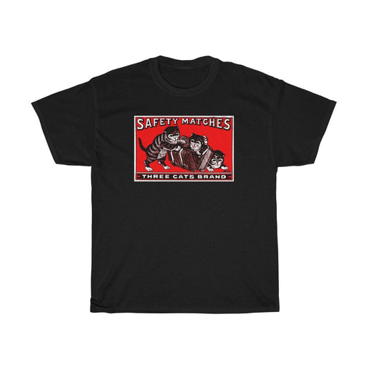 Three Cats Brand Safety Matchbox T-Shirt - Vintage Japanese Feline Match Box Print Tshirt