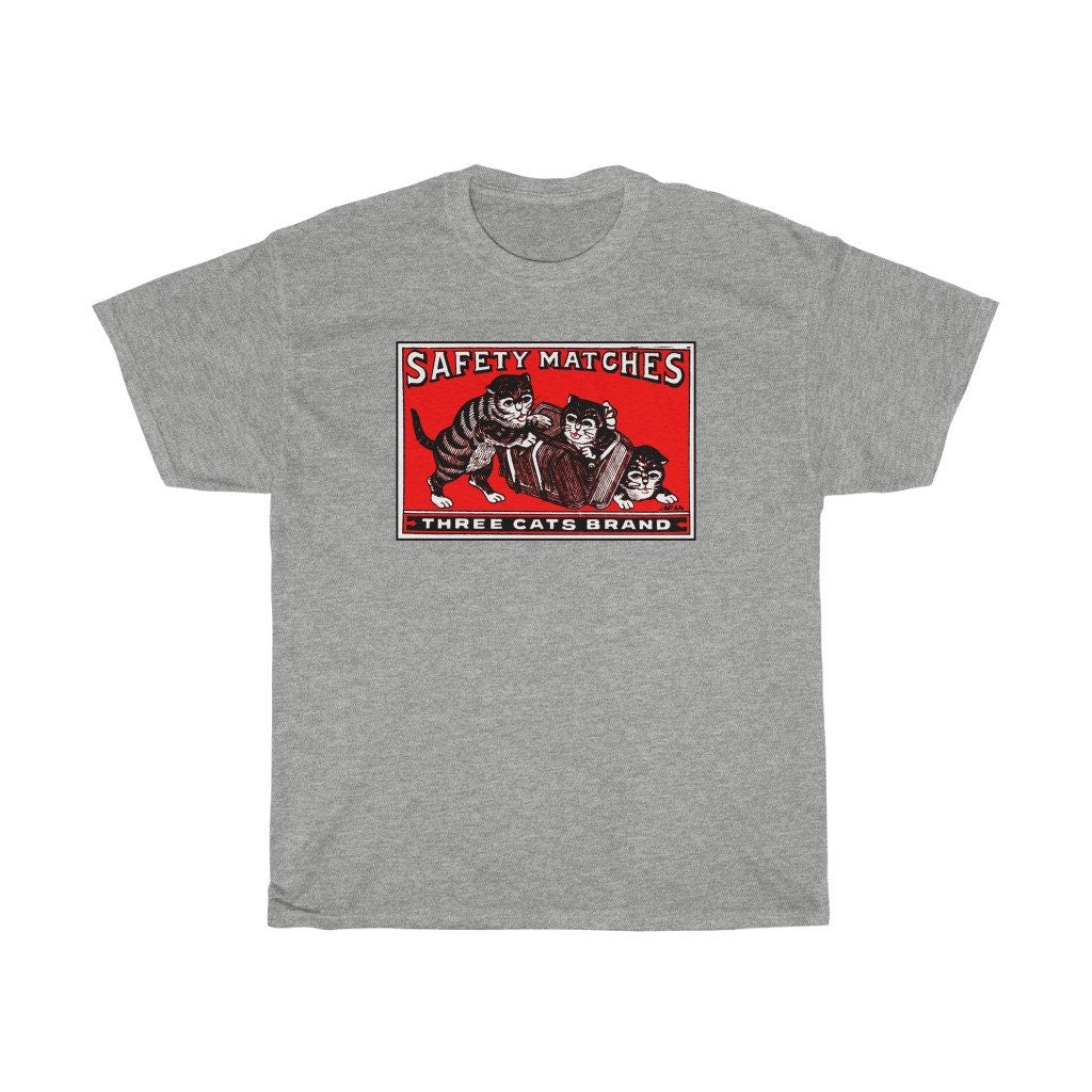 Three Cats Brand Safety Matchbox T-Shirt - Vintage Japanese Feline Match Box Print Tshirt