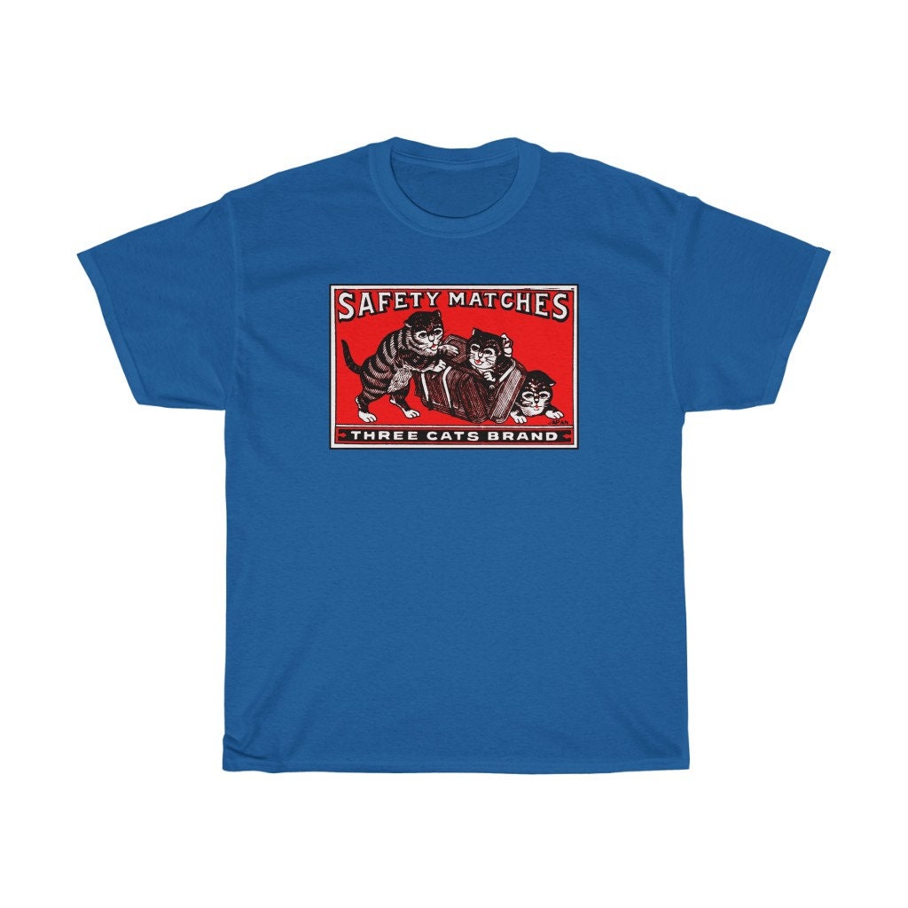 Three Cats Brand Safety Matchbox T-Shirt - Vintage Japanese Feline Match Box Print Tshirt