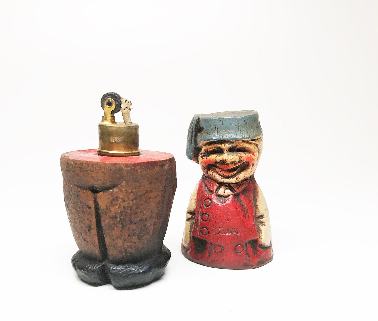 WORKING FIGURAL LIGHTER - 1940s Old Man Wooden Figural Lighter Made in the Usa