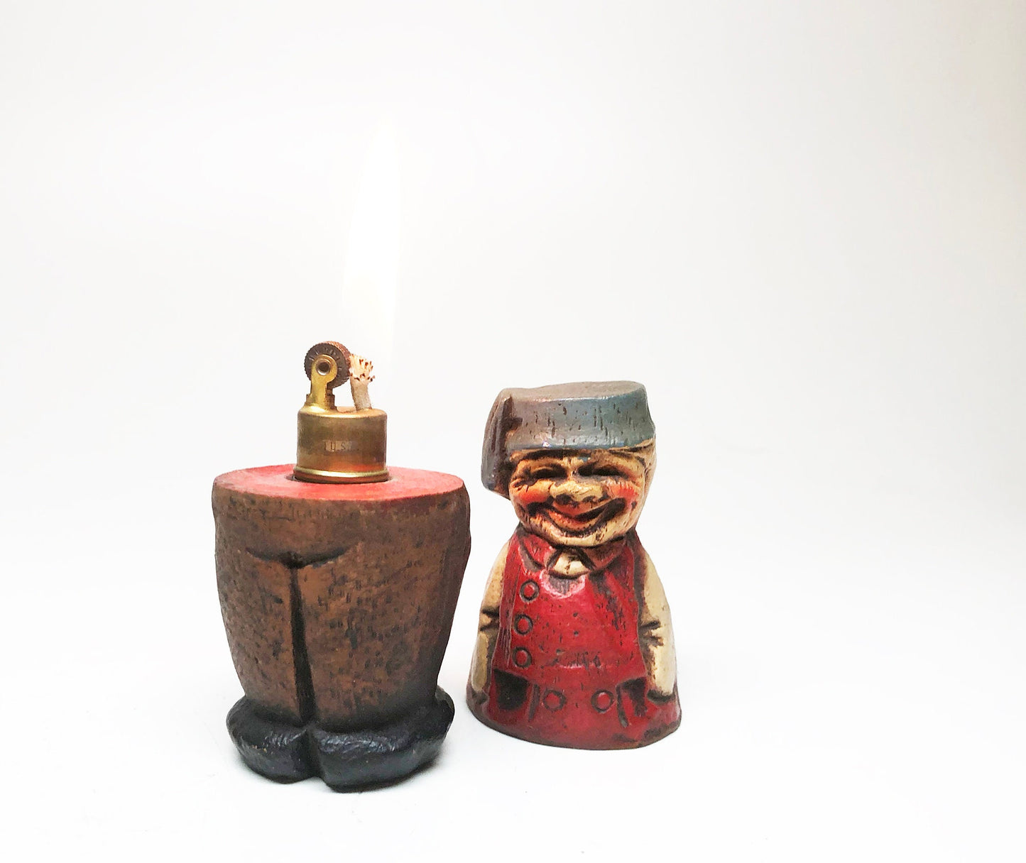 WORKING FIGURAL LIGHTER - 1940s Old Man Wooden Figural Lighter Made in the Usa